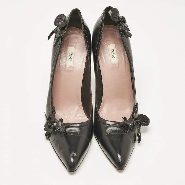 Pre Owned Prada Black Leather Flower Pointed Toe Pumps Size 38.5
