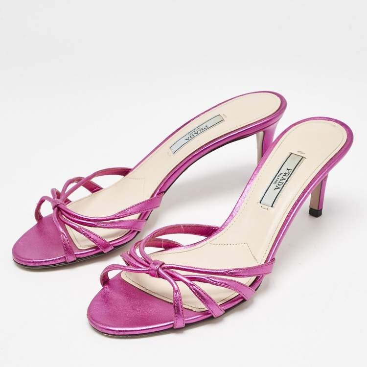 Pre Owned Prada Rose Metallic Leather Crystal Embellished Slide Sandals Size 36