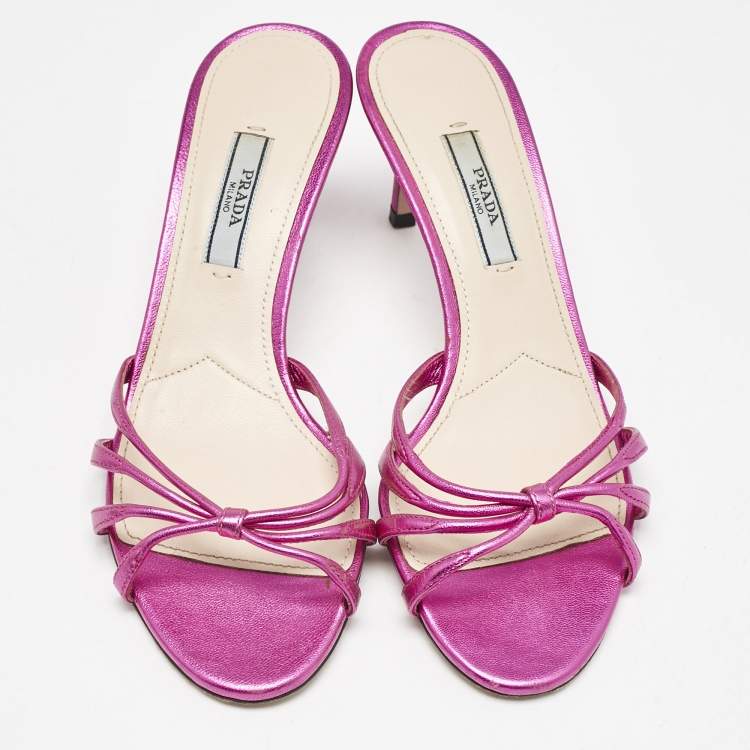 Pre Owned Prada Rose Metallic Leather Crystal Embellished Slide Sandals Size 36