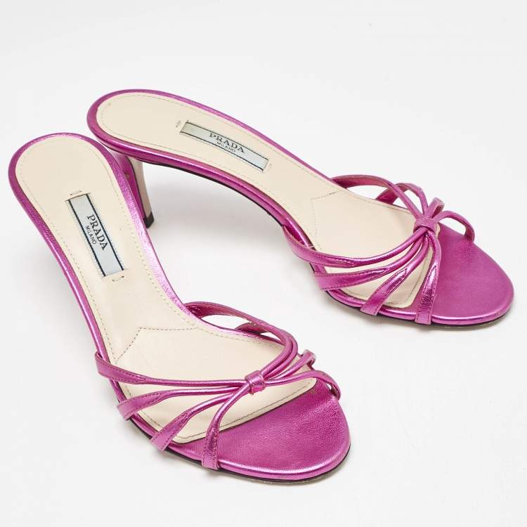 Pre Owned Prada Rose Metallic Leather Crystal Embellished Slide Sandals Size 36