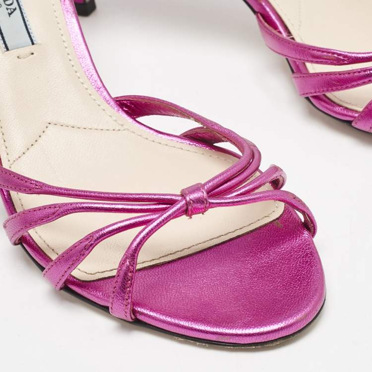 Pre Owned Prada Rose Metallic Leather Crystal Embellished Slide Sandals Size 36