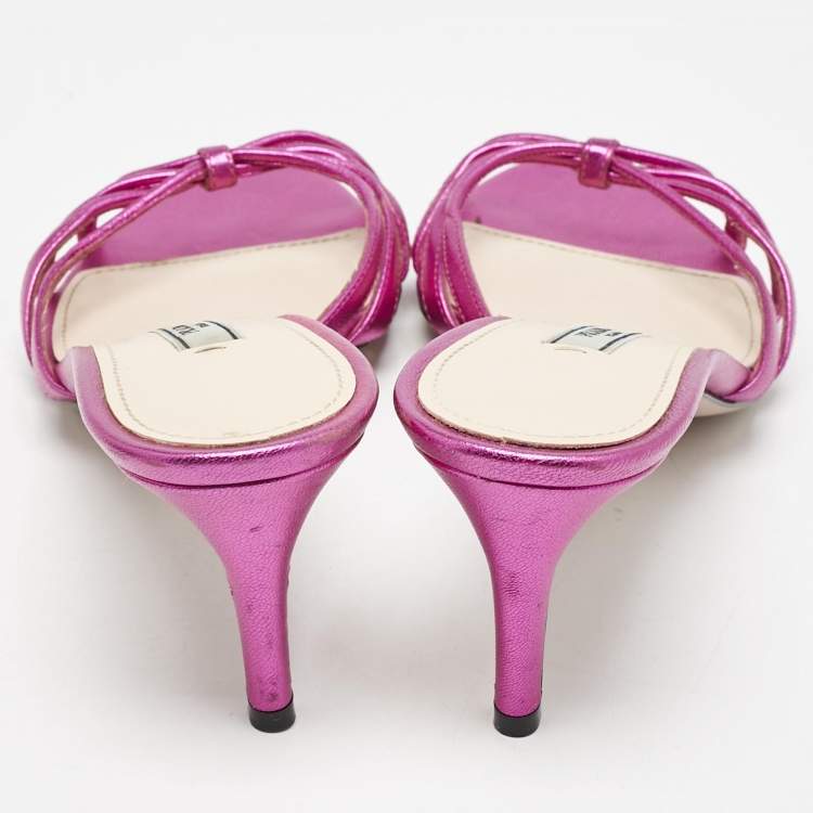 Pre Owned Prada Rose Metallic Leather Crystal Embellished Slide Sandals Size 36