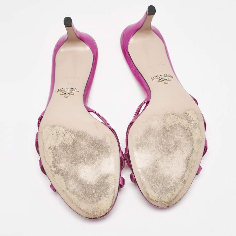 Pre Owned Prada Rose Metallic Leather Crystal Embellished Slide Sandals Size 36