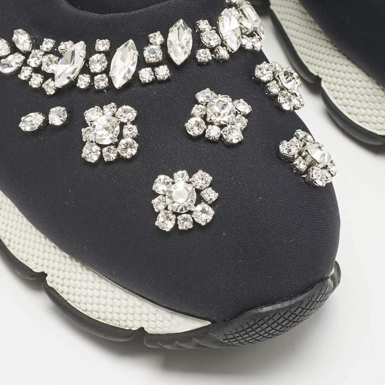 Pre Owned Prada Black Nylon Crystal Embellished Slip On Sneakers Size 38.5