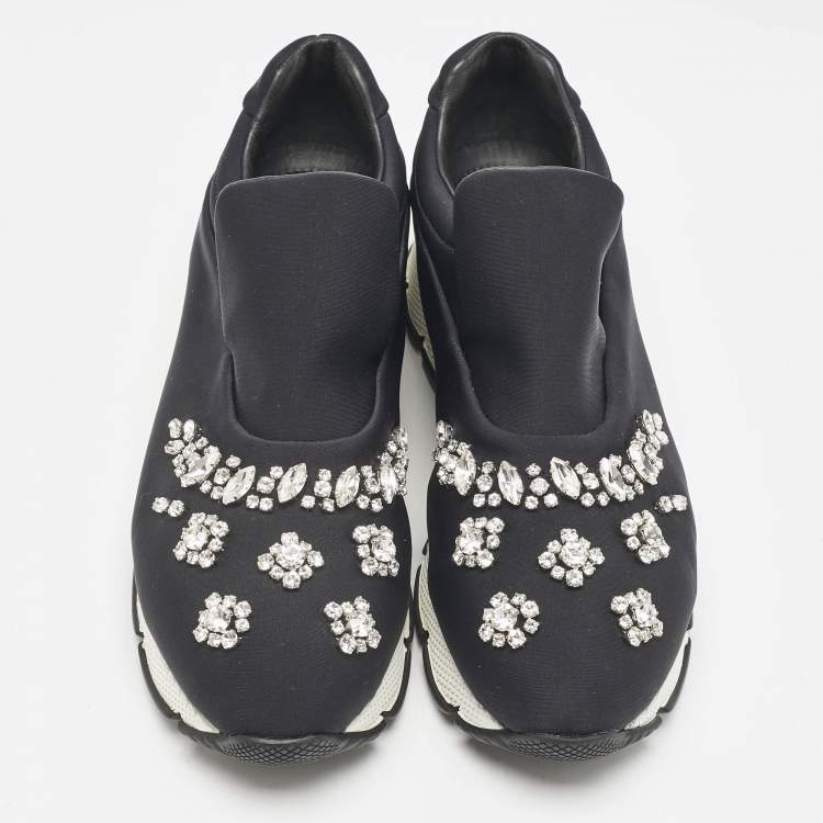 Pre Owned Prada Black Nylon Crystal Embellished Slip On Sneakers Size 38.5