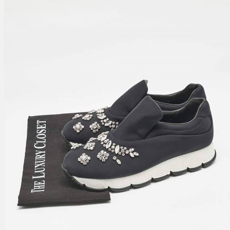 Pre Owned Prada Black Nylon Crystal Embellished Slip On Sneakers Size 38.5