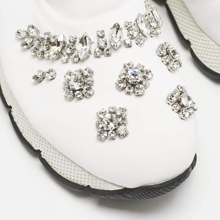 Pre Owned Prada White Nylon Crystal Embellished Slip On Sneakers Size 38.5