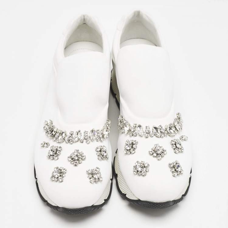 Pre Owned Prada White Nylon Crystal Embellished Slip On Sneakers Size 38.5