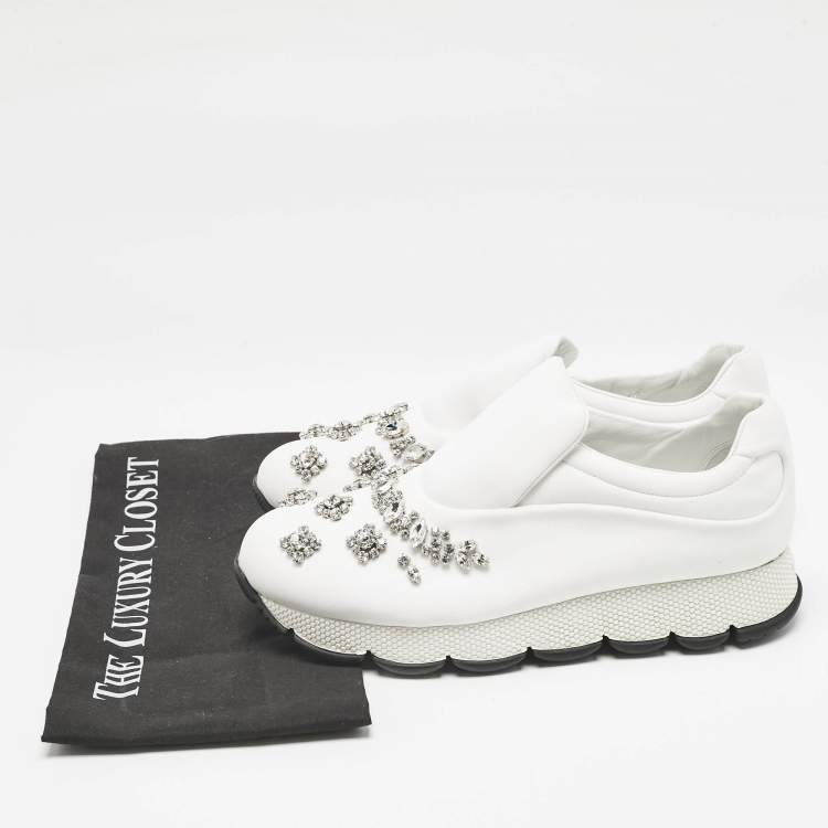 Pre Owned Prada White Nylon Crystal Embellished Slip On Sneakers Size 38.5