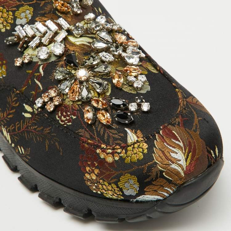 Pre Owned Prada Black Brocade Fabric Crystal Embellished Slip On Sneakers Size 37