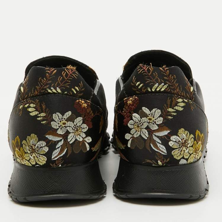 Pre Owned Prada Black Brocade Fabric Crystal Embellished Slip On Sneakers Size 37
