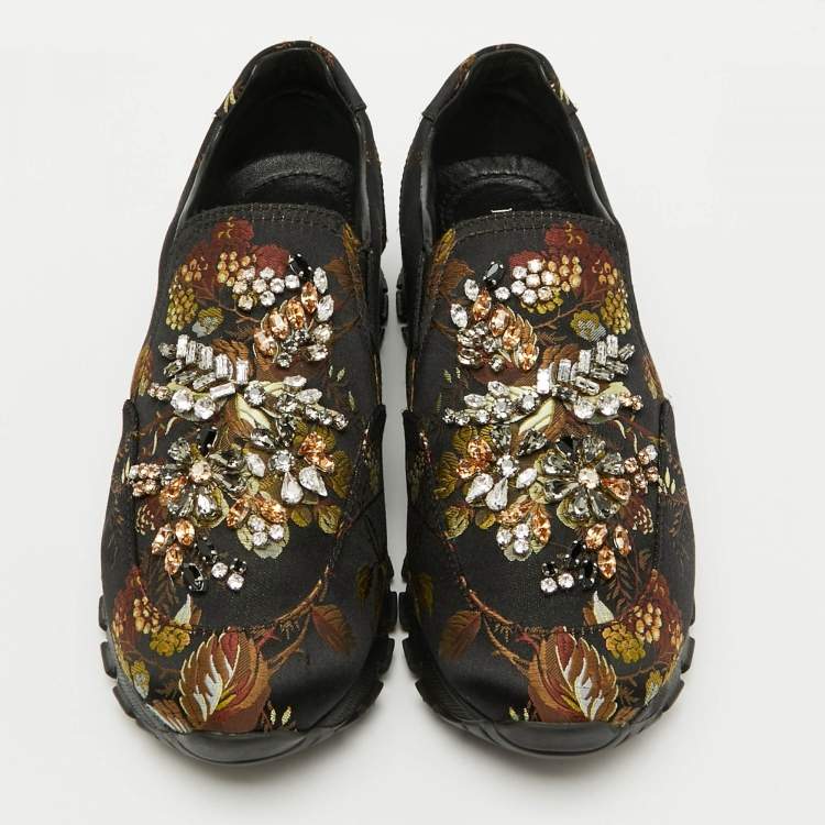 Pre Owned Prada Black Brocade Fabric Crystal Embellished Slip On Sneakers Size 37