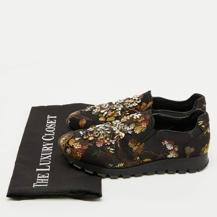 Pre Owned Prada Black Brocade Fabric Crystal Embellished Slip On Sneakers Size 37