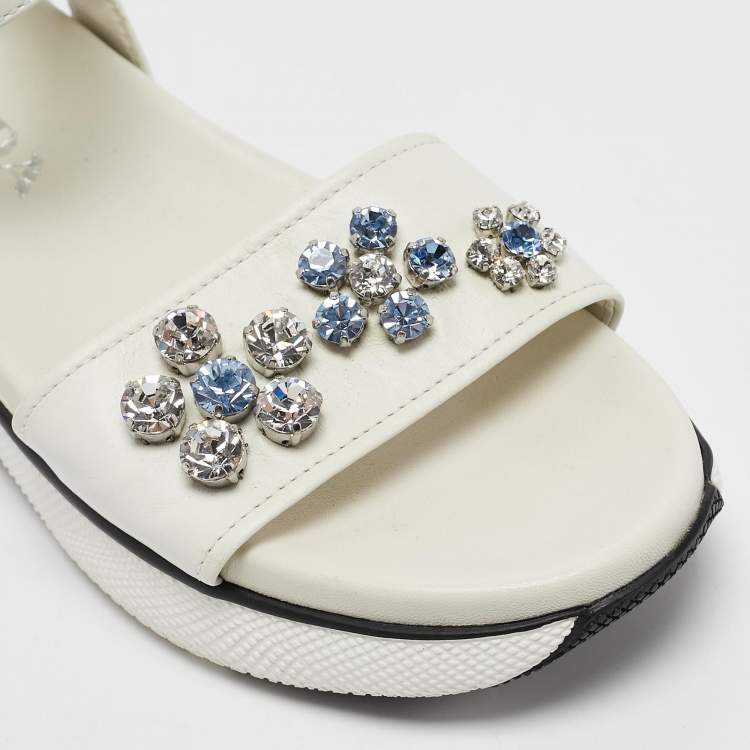 Pre Owned Prada White Leather Stud Embellished Ankle Strap Flat Sandal Size 37