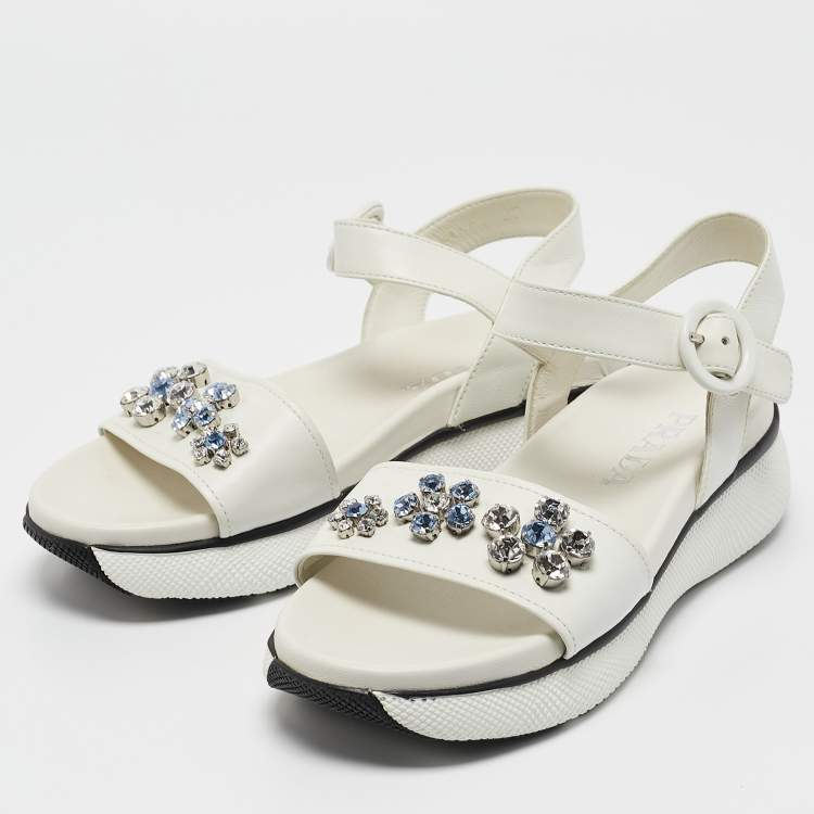 Pre Owned Prada White Leather Stud Embellished Ankle Strap Flat Sandal Size 37