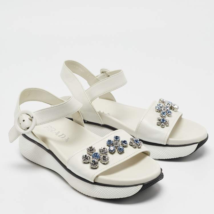 Pre Owned Prada White Leather Stud Embellished Ankle Strap Flat Sandal Size 37