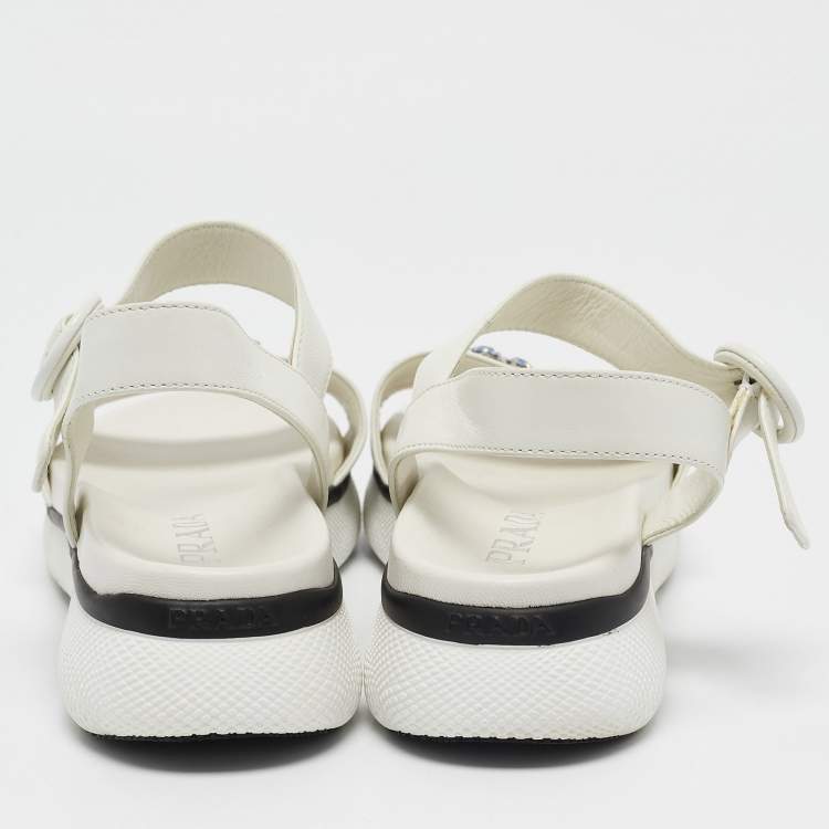 Pre Owned Prada White Leather Stud Embellished Ankle Strap Flat Sandal Size 37