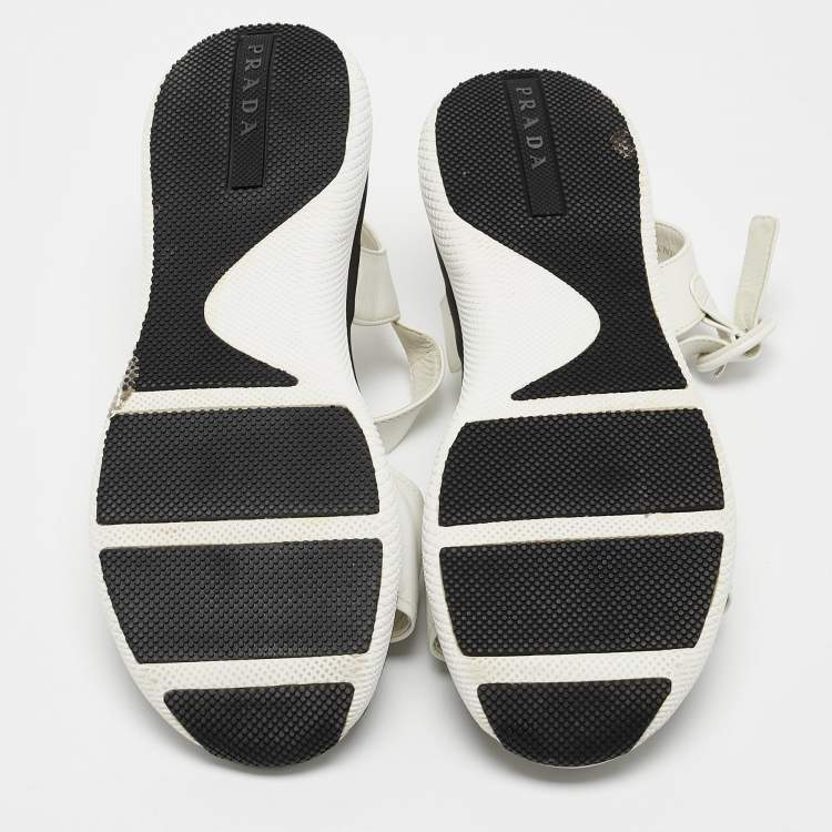 Pre Owned Prada White Leather Stud Embellished Ankle Strap Flat Sandal Size 37