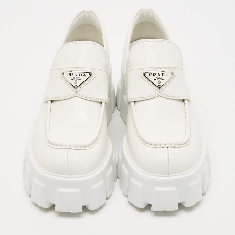 Pre Owned Prada White Leather Monolith Loafers Size 39