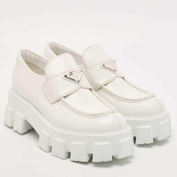 Pre Owned Prada White Leather Monolith Loafers Size 39