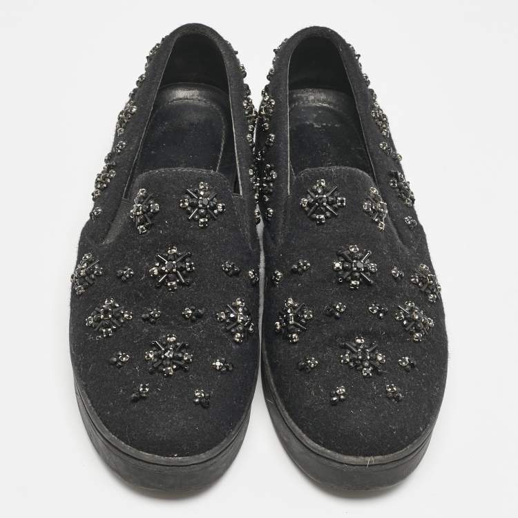 Pre Owned Prada Black Felt Crystal Embellished Slip On Sneakers Size 39