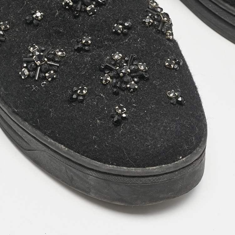 Pre Owned Prada Black Felt Crystal Embellished Slip On Sneakers Size 39