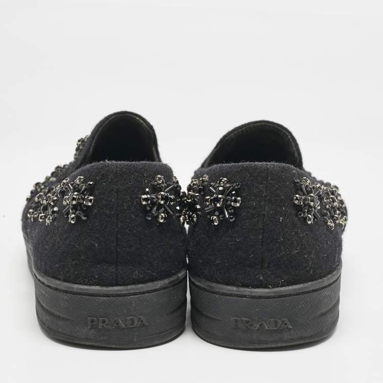 Pre Owned Prada Black Felt Crystal Embellished Slip On Sneakers Size 39