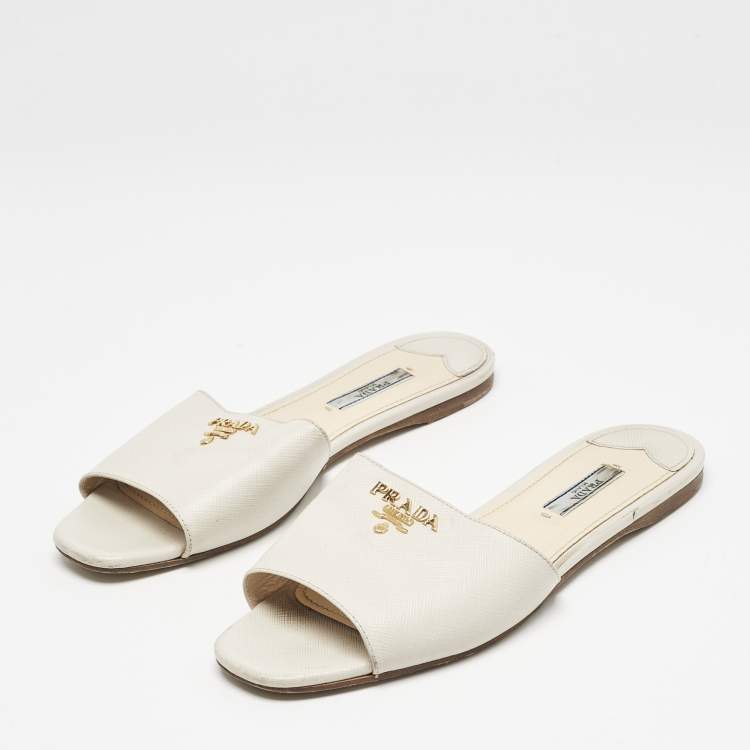 Pre Owned Prada Grey Saffiano Leather Flat Slides Size 39.5