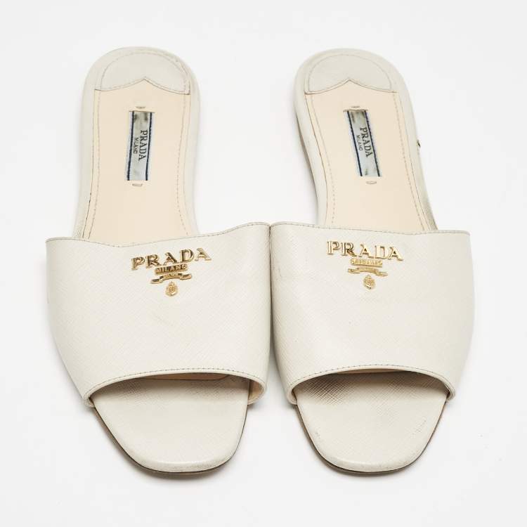 Pre Owned Prada Grey Saffiano Leather Flat Slides Size 39.5