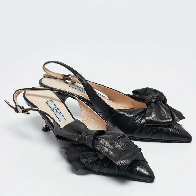 Pre Owned Prada Black Pleated Leather Slingback Pumps Size 35.5
