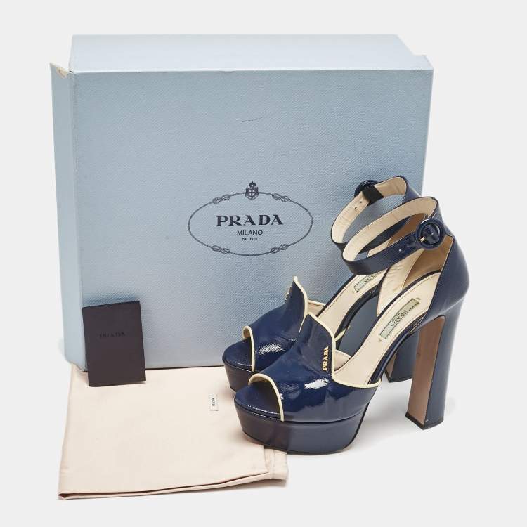 Pre Owned Prada Navy Blue Saffiano Patent Leather Ankle Strap Platform Sandals Size 38.5