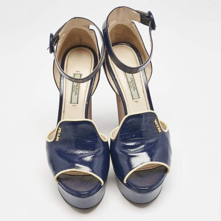 Pre Owned Prada Navy Blue Saffiano Patent Leather Ankle Strap Platform Sandals Size 38.5