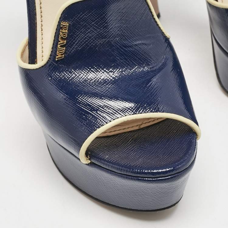 Pre Owned Prada Navy Blue Saffiano Patent Leather Ankle Strap Platform Sandals Size 38.5