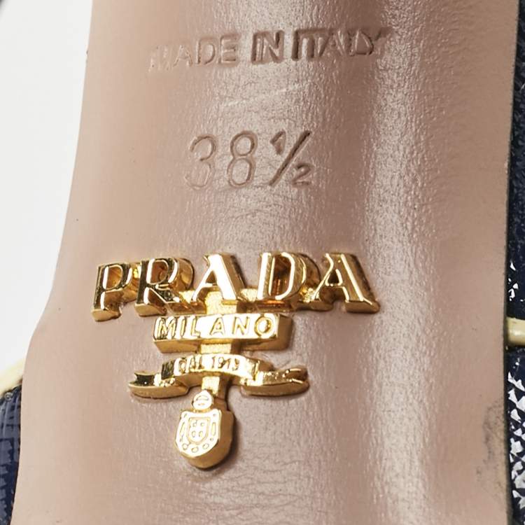 Pre Owned Prada Navy Blue Saffiano Patent Leather Ankle Strap Platform Sandals Size 38.5
