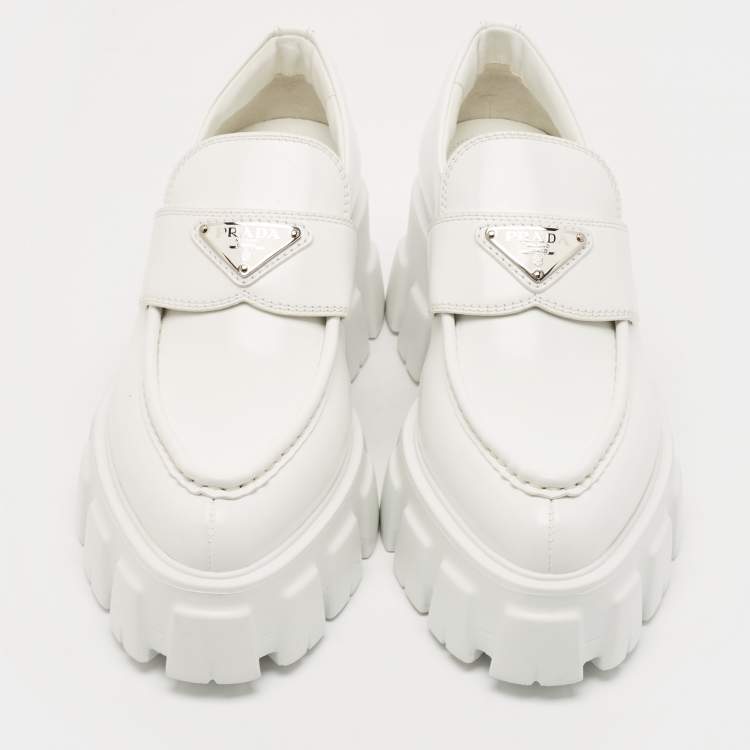 Pre Owned Prada White Leather Monolith Triangle Logo Loafers Size 39