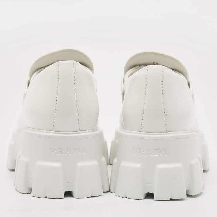 Pre Owned Prada White Leather Monolith Triangle Logo Loafers Size 39