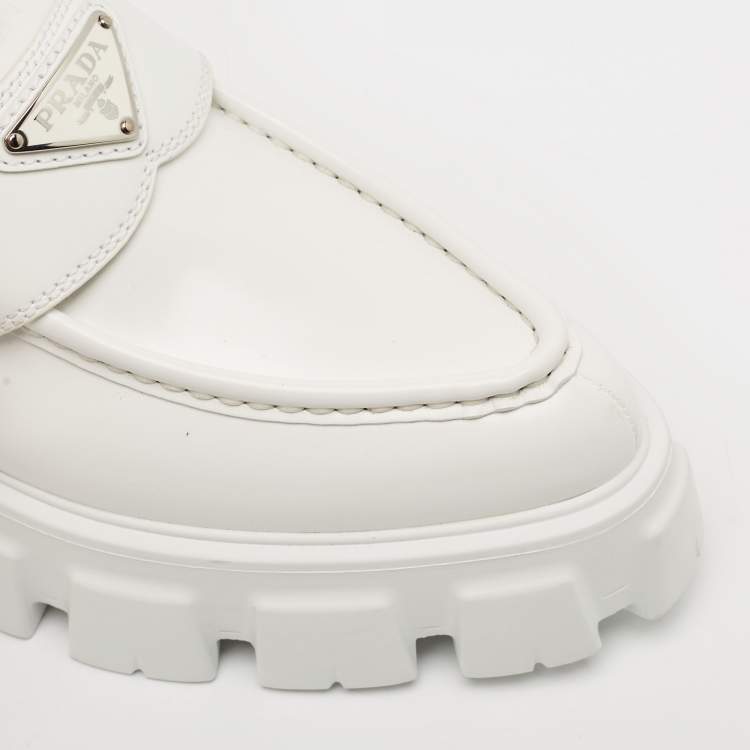 Pre Owned Prada White Leather Monolith Triangle Logo Loafers Size 39