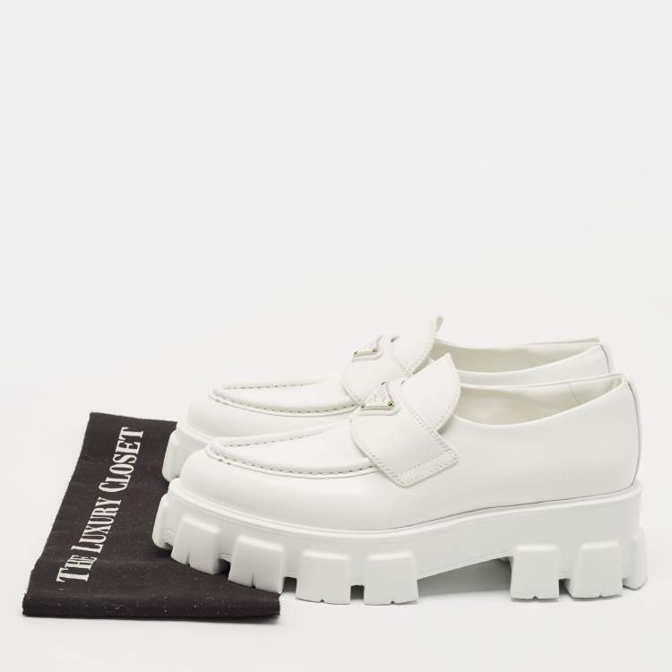 Pre Owned Prada White Leather Monolith Triangle Logo Loafers Size 39