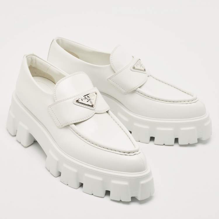 Pre Owned Prada White Leather Monolith Triangle Logo Loafers Size 39
