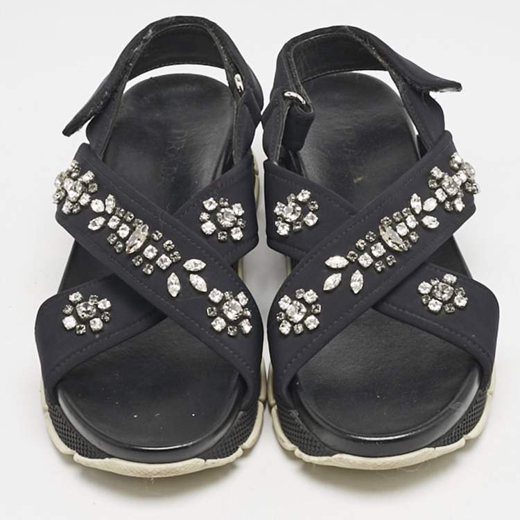 Pre Owned Prada Black Neoprene Crystal Embellished Flat Sandals Size 39
