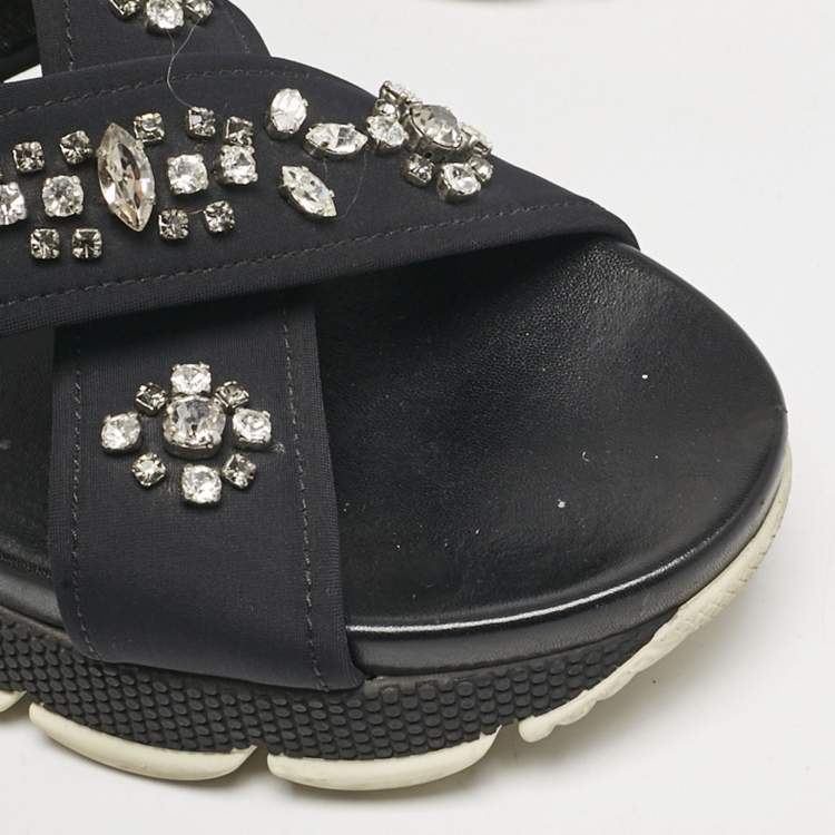 Pre Owned Prada Black Neoprene Crystal Embellished Flat Sandals Size 39