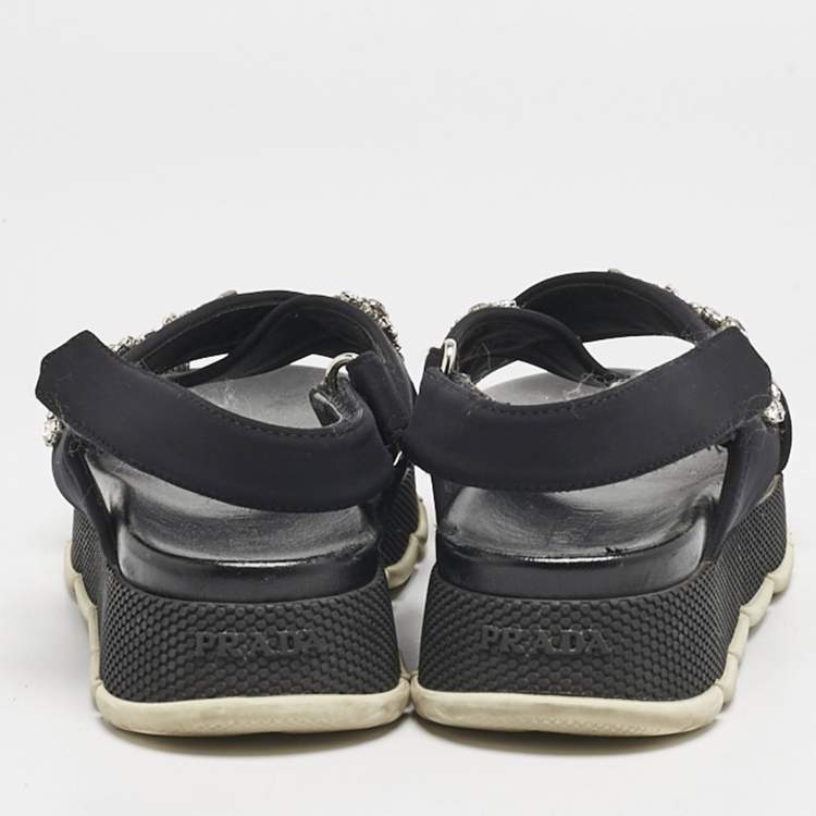 Pre Owned Prada Black Neoprene Crystal Embellished Flat Sandals Size 39