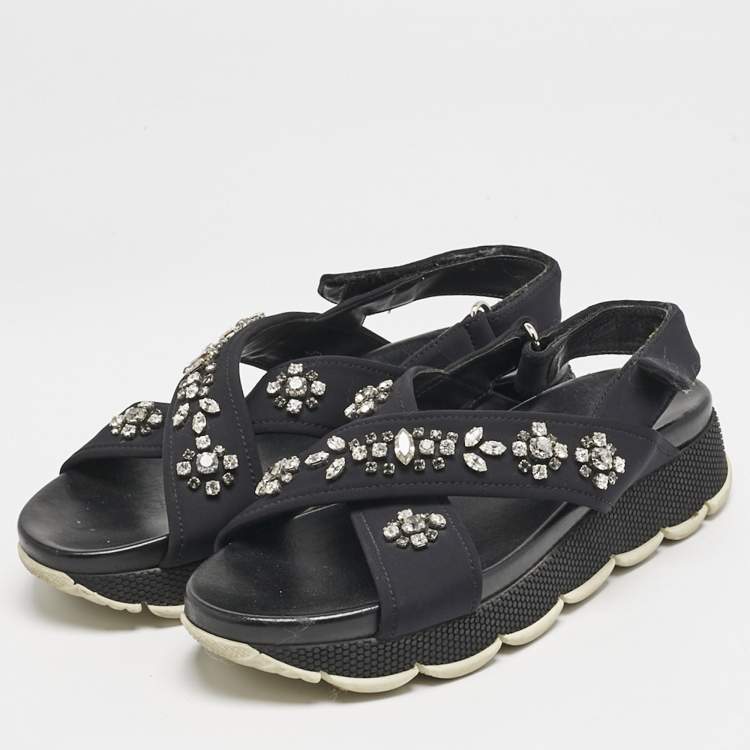 Pre Owned Prada Black Neoprene Crystal Embellished Flat Sandals Size 39