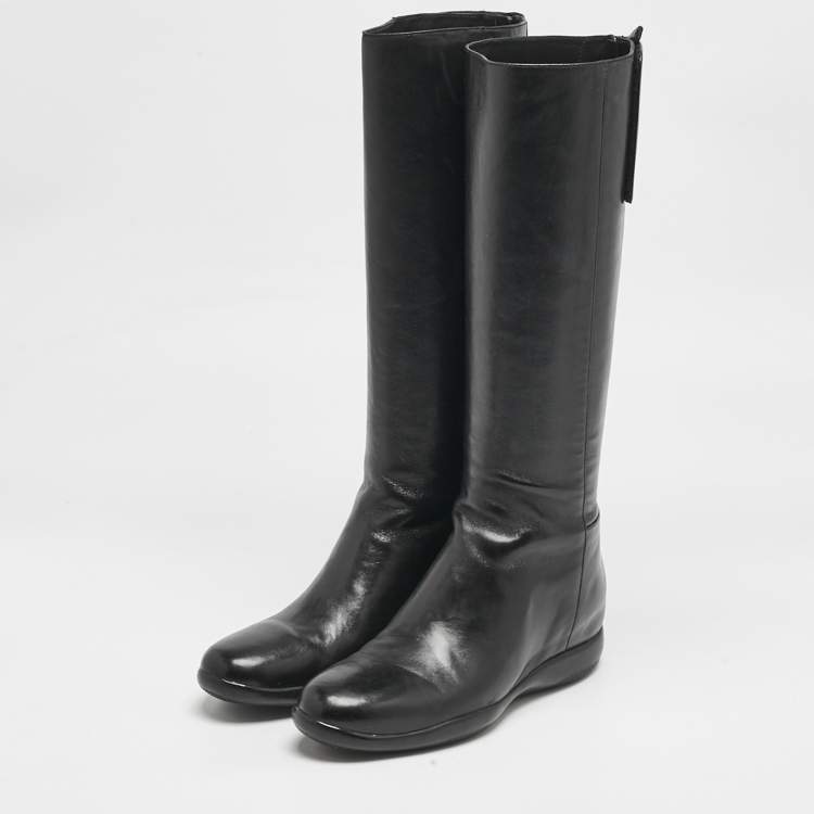 Pre Owned Prada Black Leather Knee Length Boots Size 39