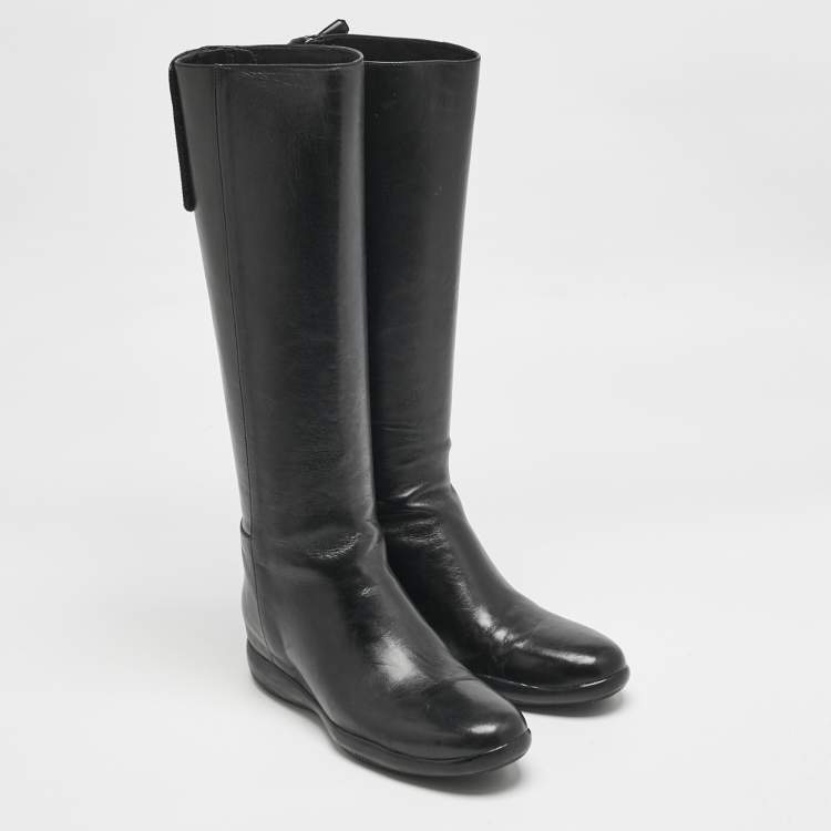 Pre Owned Prada Black Leather Knee Length Boots Size 39