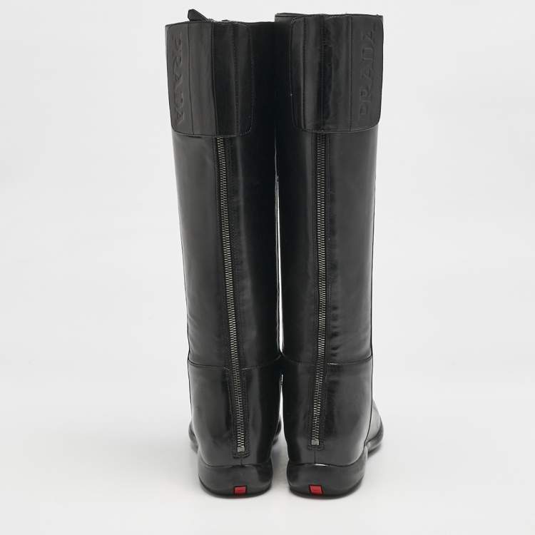 Pre Owned Prada Black Leather Knee Length Boots Size 39