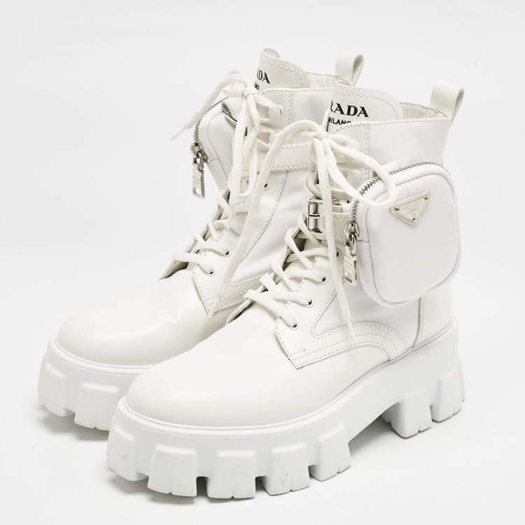 Pre Owned Prada White Leather and Nylon Monolith Combat Boots Size 38.5