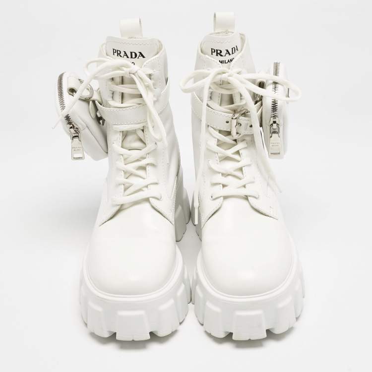 Pre Owned Prada White Leather and Nylon Monolith Combat Boots Size 38.5