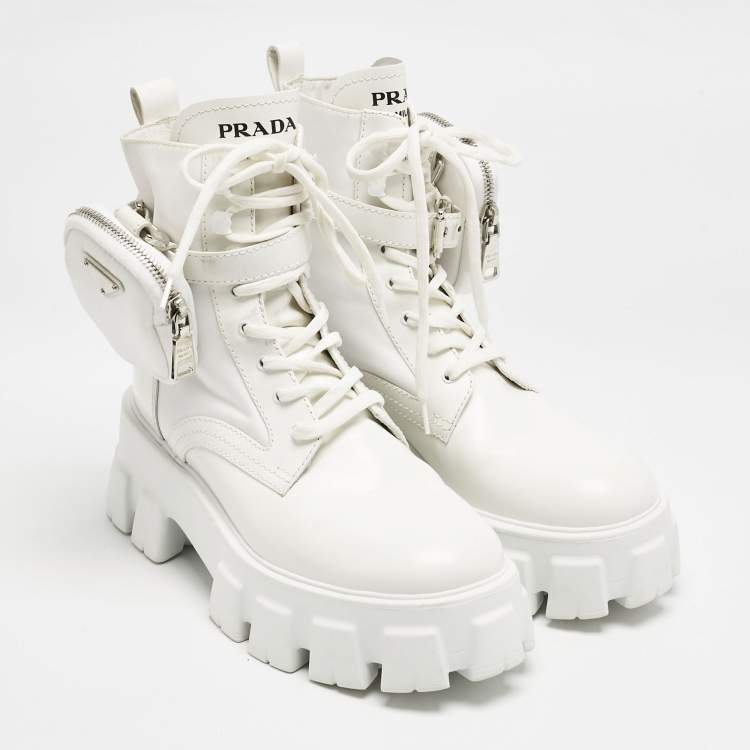 Pre Owned Prada White Leather and Nylon Monolith Combat Boots Size 38.5