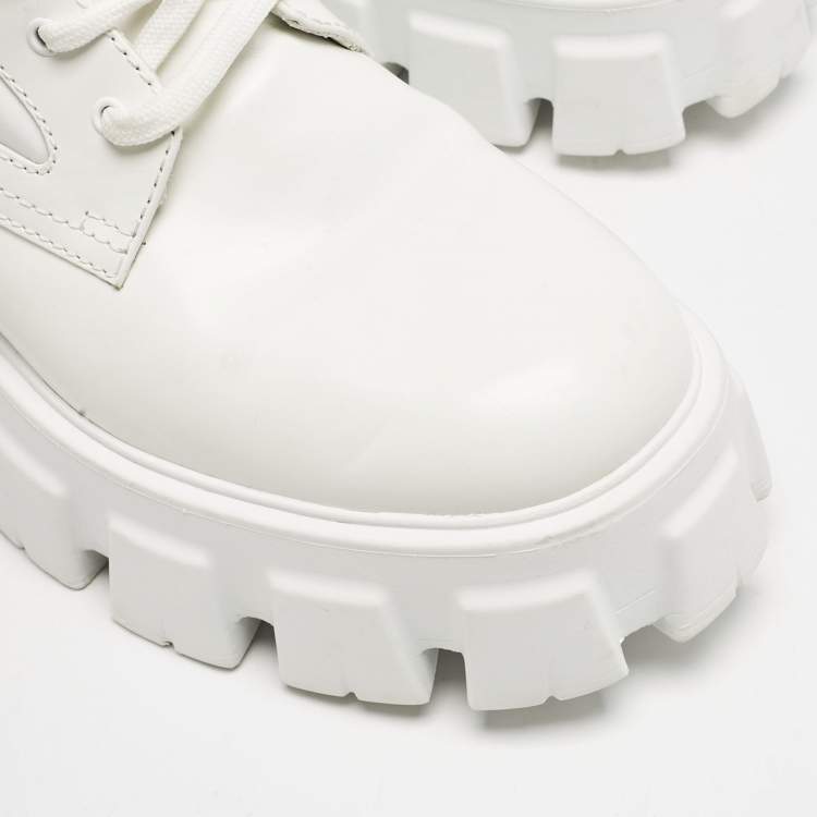 Pre Owned Prada White Leather and Nylon Monolith Combat Boots Size 38.5